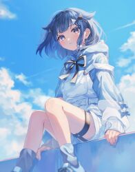 Rule 34 | 1girl, akr tmr, bare legs, blue eyes, blue footwear, blue hair, blue hoodie, blue nails, blue sky, blush, cloud, cloudy sky, day, feet out of frame, grey socks, hair ornament, highres, hood, hood down, hoodie, knees together feet apart, long sleeves, looking at viewer, medium hair, nail polish, outdoors, overalls, parted lips, shoes, sidelocks, sky, sneakers, socks, solo, strap slip, thigh strap, tsumugi kokage, virtual youtuber, vspo!, white overalls