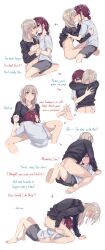 2girls absurdres alternate_language arrow_(symbol) barefoot black_sweater blush bottomless commentary_request cunnilingus doki_(oox3o) ear_blush english_text fingering fingering_from_behind girls_band_cry grabbing_another&#039;s_ass grey_eyes grey_hair grey_shirt grey_shorts groping hand_on_another&#039;s_thigh hand_on_another&#039;s_waist highres holding_hands interlocked_fingers iseri_nina kawaragi_momoka kiss long_hair long_sleeves multiple_girls oral red_hair ribbed_sweater shirt short_sleeves short_twintails shorts simple_background spread_legs straddling sweater toes trembling twintails white_background yuri