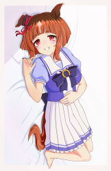 Rule 34 | 1girl, animal ears, barefoot, bed sheet, bow, bowtie, breasts, brown hair, ear ornament, grin, highres, horse ears, horse girl, horse tail, knees up, looking at viewer, lying, monmonmur, on back, pleated skirt, purple shirt, red eyes, sailor collar, school uniform, shirt, short hair, skirt, small breasts, smile, solo, tail, tracen school uniform, transcend (umamusume), twitter username, umamusume, white skirt