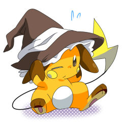 Rule 34 | 1girl, brown eyes, clothed pokemon, cosplay, creatures (company), eromame, female focus, game freak, gen 1 pokemon, hat, kirisame marisa, kirisame marisa (cosplay), nintendo, no humans, one eye closed, pokemon, pokemon (creature), raichu, simple background, sitting, solo, sweat, tail, touhou, white background, wink, witch, witch hat