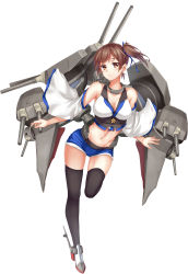 Rule 34 | 10s, 1girl, absurdres, adapted costume, alternate costume, alternate weapon, asymmetrical hair, black thighhighs, blush, breasts, brown eyes, brown hair, cannon, cleavage, collarbone, detached sleeves, highres, kaga (kancolle), kantai collection, large breasts, midriff, navel, personification, short hair, short shorts, shorts, side ponytail, solo, thighhighs, turret, weapon, white background, wide sleeves, zi se