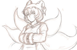 Rule 34 | 1girl, animal hat, dress, fox tail, hands in opposite sleeves, hat, hat with ears, kitsune, kuro suto sukii, kyuubi, long sleeves, mob cap, monochrome, multiple tails, simple background, sketch, solo, tabard, tail, touhou, white background, yakumo ran