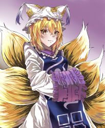 Rule 34 | 1girl, animal ears, blonde hair, blue tabard, dress, fox ears, fox tail, hands in opposite sleeves, hat, highres, long sleeves, looking at viewer, mob cap, multiple tails, ofuda, ofuda on clothes, simple background, soara (gun0677), solo, tabard, tail, touhou, white dress, white hat, wide sleeves, yakumo ran, yellow eyes