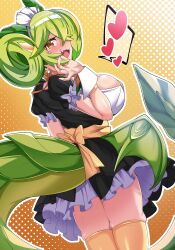 Rule 34 | 1girl, absurdres, apron, ashikoshi jakushi, black dress, breasts, brown eyes, dragon girl, dragon tail, dress, duel monster, dutch angle, frilled dress, frills, green hair, green tail, heart, highres, large breasts, large tail, looking at viewer, looking back, low wings, maid, maid apron, maid headdress, open mouth, parlor dragonmaid, puffy short sleeves, puffy sleeves, short sleeves, solo, tail, thighhighs, wings, yellow background, yellow thighhighs, yu-gi-oh!