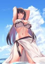 Rule 34 | 1girl, absurdres, arms behind head, bikini, black hair, blue sky, breasts, closed mouth, cloud, commentary request, day, haitekudasai takamine-san, highres, large breasts, long hair, looking at viewer, navel, ocean, partially submerged, rebutsu, red eyes, sarong, sky, smile, swimsuit, takamine takane, wading, wet, white bikini