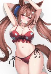 Rule 34 | 1girl, alternate costume, animal ears, armpits, arms up, belly, bikini, blush, breasts, brown hair, cleavage, collarbone, commentary request, cropped legs, daiwa scarlet (umamusume), floral print bikini, frilled bikini, frills, hair between eyes, hair intakes, hair ornament, highres, horse ears, horse girl, jewelry, kibihimi, large breasts, long hair, looking to the side, navel, necklace, open mouth, red eyes, side-tie bikini bottom, simple background, solo, stomach, swimsuit, thighs, twintails, umamusume, very long hair, wet, white background