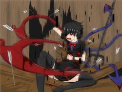 Rule 34 | 1girl, arrow (projectile), arrow in body, asymmetrical wings, bad id, bad pixiv id, black hair, blood, blood from mouth, dress, epic armageddon, highres, houjuu nue, injury, pixelated, polearm, red eyes, short hair, solo, thighhighs, touhou, trident, weapon, wings