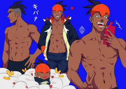 Rule 34 | 1boy, abs, artist name, black hair, black hoodie, blue background, blue shorts, blush, collarbone, commentary, creatures (company), crowd, dark-skinned male, dark skin, earrings, game freak, gen 4 pokemon, hand on own hip, heart, holding, holding phone, hood, hoodie, jewelry, male focus, nintendo, one eye closed, open clothes, open hoodie, open mouth, orange headwear, pectorals, phone, pokemon, pokemon (creature), pokemon swsh, raihan (pokemon), rotom, rotom phone, short hair, shorts, simple background, smile, teeth, toned, tongue, topless male, undercut, xelgot