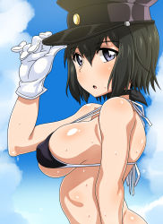 Rule 34 | 1girl, :o, adjusting clothes, adjusting headwear, akitsu maru (kancolle), animal ears, arched back, bare arms, bare shoulders, bikini, bikini top only, black bikini, black eyes, black hair, black hat, blue sky, blush, breasts, cloud, covered erect nipples, day, gloves, hand on headwear, hat, kani club, kantai collection, large breasts, looking at viewer, looking to the side, military hat, open mouth, peaked cap, short hair, sky, solo, strap gap, sweat, swimsuit, upper body, white gloves, wolf ears