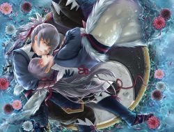 Rule 34 | 2boys, fire emblem, fire emblem fates, floating, flower, from above, japanese clothes, looking at viewer, multiple boys, nintendo, petals, ponytail, red eyes, takumi (fire emblem)