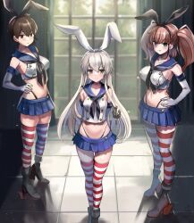 Rule 34 | 3girls, absurdres, atlanta (kancolle), black hairband, black neckerchief, black panties, blonde hair, blue sailor collar, blue skirt, breasts, brown eyes, brown hair, cosplay, crop top, eckert&amp;eich, elbow gloves, gloves, grey eyes, hairband, height difference, highleg, highleg panties, highres, kaga (kancolle), kantai collection, large breasts, long hair, looking at viewer, matching outfits, microskirt, miniskirt, multiple girls, neckerchief, panties, pleated skirt, sailor collar, shimakaze (kancolle), shimakaze (kancolle) (cosplay), shirt, side ponytail, skirt, sleeveless, sleeveless shirt, striped clothes, striped thighhighs, thighhighs, two side up, underwear, white gloves, white hairband