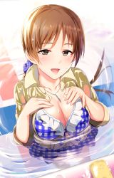 Rule 34 | 10s, 1girl, :d, bikini, bikini skirt, bikini under clothes, blue bikini, breasts, brown eyes, brown hair, cleavage, eyebrows, from above, front-tie bikini top, front-tie top, glint, idolmaster, idolmaster cinderella girls, jacket, jacket over swimsuit, jewelry, large breasts, long hair, looking at viewer, low ponytail, natsuya (natuya777), necklace, nitta minami, open mouth, partially submerged, plaid, plaid bikini, ripples, see-through, shiny skin, smile, solo, sponge, swimsuit, swimsuit under clothes, tile floor, tiles, water, wet, wet clothes, wet hair