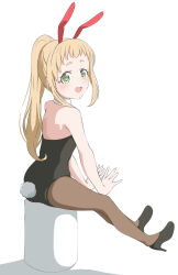 Rule 34 | 1girl, animal ears, ass, bare shoulders, blonde hair, crust gm0, dot nose, fake animal ears, fake tail, female focus, full body, green eyes, heels, inose mai, koisuru asteroid, leotard, long hair, looking at viewer, no bra, open mouth, pantyhose, ponytail, rabbit ears, rabbit tail, shoes, simple background, sitting, solo, tail, white background