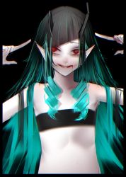 Rule 34 | 1girl, nanashi inc., bad id, bad twitter id, bandeau, black background, black border, black hair, blood, blood from mouth, blue hair, border, demon girl, demon horns, doryudory, dutch angle, fang, flat chest, highres, horns, long hair, looking at viewer, multicolored hair, open mouth, pointing, pointing at self, pointy ears, red eyes, shishio chris, simple background, smile, solo, sugar lyric, two-tone hair, virtual youtuber