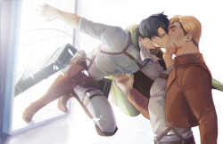 Rule 34 | 2boys, absurdres, ascot, black hair, blonde hair, brown footwear, brown jacket, cape, closed mouth, dynamic pose, erwin smith, grabbing another&#039;s chin, gravesecrets, green cape, hand on another&#039;s chin, highres, jacket, kiss, large pectorals, levi (shingeki no kyojin), male focus, multiple boys, pants, pectorals, shingeki no kyojin, shirt, sideburns, sleeves past elbows, thigh strap, weapon, white ascot, white background, white pants, white shirt, window, yaoi