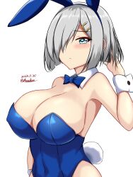 Rule 34 | 1girl, alternate costume, animal ears, bare legs, bare shoulders, blue eyes, blue leotard, blush, bow, bowtie, breasts, cleavage, covered navel, dated, detached collar, fake animal ears, fake tail, grey hair, hair ornament, hair over one eye, hairclip, hamakaze (kancolle), highres, kantai collection, large breasts, leotard, looking at viewer, montemasa, playboy bunny, rabbit ears, rabbit tail, short hair, simple background, solo, strapless, strapless leotard, tail, traditional bowtie, twitter username, upper body, white background, wrist cuffs