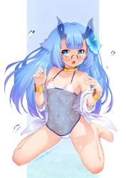 Rule 34 | 1girl, azur lane, bare legs, bare shoulders, barefoot, bespectacled, blue eyes, blue hair, bracelet, choker, commentary request, covered navel, fang, flat chest, flower, glasses, hair flower, hair ornament, highres, horns, i-13 (azur lane), jewelry, kazuma muramasa, long hair, navel, off shoulder, one-piece swimsuit, open mouth, outside border, rimless eyewear, see-through, sitting, solo, swimsuit, thick eyebrows, wariza