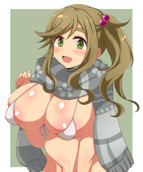 Rule 34 | 1girl, :d, afuro, areola slip, bikini, bikini top only, blush, breasts, brown hair, covered erect nipples, eyebrows, fang, green eyes, inuyama aoi, large breasts, navel, open mouth, outside border, ponytail, scarf, skin fang, smile, solo, swimsuit, thick eyebrows, upper body, white bikini, yurucamp