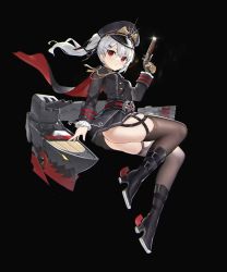Rule 34 | 1girl, absurdres, antique firearm, ass, azur lane, banxuan c2ka, belt, black background, black footwear, black hat, black jacket, boots, breasts, brown thighhighs, buttons, character request, closed mouth, cross, double-breasted, firearm, firelock, flintlock, full body, glint, greyscale, gun, hair ornament, hairclip, handgun, hat, high heel boots, high heels, highres, holding, holding gun, holding weapon, iron cross, jacket, light blush, long hair, long sleeves, looking at viewer, monochrome, peaked cap, red eyes, rigging, side ponytail, simple background, small breasts, solo, thighhighs, thighs, weapon