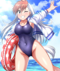Rule 34 | 1girl, absurdres, blue eyes, blue one-piece swimsuit, blue sky, breasts, cloud, collarbone, commentary request, commission, covered navel, cowboy shot, day, ghost sweeper mikami, grin, highres, horizon, innertube, inuzuka shiro, jacket, large breasts, letterman jacket, looking at viewer, multicolored clothes, multicolored hair, multicolored jacket, ocean, one-piece swimsuit, outdoors, pixiv commission, polka dot innertube, red hair, school swimsuit, sky, smile, solo, swim ring, swimsuit, two-tone hair, two-tone jacket, white hair, zanntetu