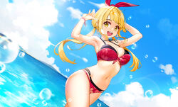 Rule 34 | 1girl, armpits, arms up, bang dream!, bare shoulders, beach, bikini, blonde hair, breasts, cleavage, cloud, cowboy shot, dopamine70, dutch angle, halterneck, highres, jewelry, layered bikini, long hair, looking at viewer, medium breasts, navel, necklace, ocean, outdoors, sky, smile, solo, standing, swimsuit, tsurumaki kokoro, twintails, water, water drop, yellow eyes