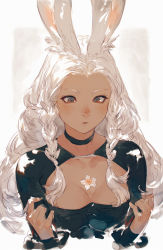 Rule 34 | 1girl, animal ears, warrior of light (ff14), black choker, black shirt, braid, breasts, brown eyes, choker, cleavage, commentary, final fantasy, final fantasy xiv, flower, hands up, highres, junwool, long hair, looking down, parted lips, rabbit ears, shirt, side braids, sketch, solo, upper body, viera, wavy hair, white background, white flower, white hair