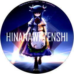 Rule 34 | 1girl, album cover, blue dress, blue hair, boots, character name, cover, dress, female focus, food, fruit, full body, gradient background, hat, hinanawi tenshi, long hair, peach, red eyes, solo, sword of hisou, tokyo big sight, touhou, tsubasa (abchipika), walking