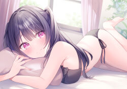 Rule 34 | 1girl, absurdres, bare arms, barefoot, bed, bed sheet, black bra, black panties, bra, bush, closed mouth, commentary request, curtains, feet, hair between eyes, highres, indoors, kmr 7m, leaf, long hair, looking at viewer, on bed, original, panties, partial commentary, purple eyes, purple hair, side-tie panties, sidelocks, smile, solo, toes, two side up, underwear, underwear only, window