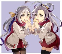 Rule 34 | 10s, 2girls, ahoge, amua, asashimo (kancolle), bad id, bad pixiv id, black legwear, brown eyes, cowboy shot, crepe, food, grey hair, kantai collection, kiyoshimo (kancolle), long hair, looking at viewer, multicolored hair, multiple girls, open mouth, pantyhose, pleated skirt, ponytail, red scarf, red skirt, scarf, school uniform, skirt, swept bangs, thighband pantyhose, thighhighs, two-tone hair, winter clothes