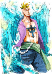 Rule 34 | 1boy, blonde hair, blue fire, fiery wings, fire, male focus, marco (one piece), one piece, open clothes, open shirt, pirate, purple shirt, sandals, shirt, solo, tattoo, transformation, wings