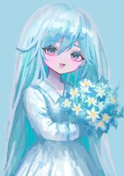Rule 34 | 1girl, blue background, blue hair, bouquet, dress, flower, hair between eyes, highres, holding, holding bouquet, holding flower, light blue hair, long hair, long sleeves, looking at viewer, open mouth, original, purple eyes, shiona (siona0625), simple background, smile, solo, standing, straight hair, upper body, very long hair, white dress, white flower