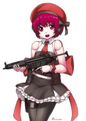Rule 34 | 1girl, :d, beret, black pantyhose, black skirt, bow, collared shirt, commentary request, cosplay, doll joints, dorothy haze, finalcake, girls&#039; frontline, gun, h&amp;k mp5, hair between eyes, hat, head tilt, holding, holding gun, holding weapon, joints, looking at viewer, mp5 (girls&#039; frontline), mp5 (girls&#039; frontline) (cosplay), necktie, open mouth, pantyhose, pink eyes, pink hair, red bow, red hat, red necktie, robot joints, shirt, short hair, skirt, sleeveless, sleeveless shirt, smile, solo, standing, submachine gun, va-11 hall-a, weapon, white background, wing collar, wrist cuffs