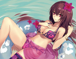 Rule 34 | 1girl, absurdres, afloat, bikini, breasts, chikkinage nage, cleavage, fate/grand order, fate (series), flower, hair flower, hair ornament, highres, large breasts, long hair, looking at viewer, purple hair, red eyes, ripples, sarong, scathach (fate), scathach (fate), scathach (swimsuit assassin) (fate), solo, swimsuit
