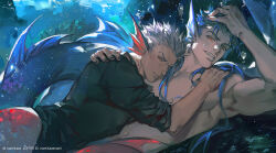 Rule 34 | 2boys, archer (fate), bite mark, black shirt, blue hair, cu chulainn (fate), earrings, fate/stay night, fate (series), fins, grey hair, grimace, grin, hand on another&#039;s back, hand on own head, head fins, highres, jewelry, lofter username, long hair, looking at viewer, male focus, merman, monster boy, multiple boys, namikaze (dobbyka), orange eyes, pectorals, shirt, signature, smile, topless male, underwater, yaoi