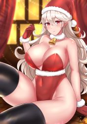 Rule 34 | 1girl, absurdres, artist logo, bare shoulders, bell, black thighhighs, blush, breasts, christmas, cleavage, collarbone, corrin (female) (fire emblem), corrin (fire emblem), covered navel, curtains, female focus, fire emblem, fire emblem fates, fur-trimmed gloves, fur collar, fur trim, gloves, hair between eyes, hat, highres, indoors, kaos art, large breasts, leotard, long hair, looking at viewer, neck bell, nintendo, parted lips, pointy ears, red eyes, red gloves, red leotard, santa costume, santa hat, sitting, skin tight, solo, strapless, strapless leotard, thick thighs, thighhighs, thighs, very long hair, window