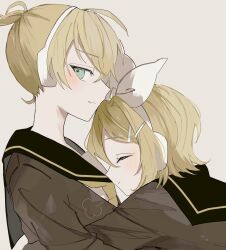 Rule 34 | 1boy, 1girl, arms around waist, bad id, bad twitter id, black sailor collar, blonde hair, blush, bow, brown cardigan, cardigan, closed eyes, from side, green eyes, hair bow, hair ornament, hairclip, half-closed eyes, head on chest, headphones, headset, highres, hug, kagamine len, kagamine rin, looking at viewer, maca1227, necktie, open cardigan, open clothes, profile, sailor collar, sailor shirt, shirt, short ponytail, sideways glance, vocaloid, white bow, yellow necktie