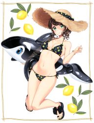 Rule 34 | 1girl, absurdres, bare arms, bare legs, bare shoulders, bikini, black bikini, blush, border, bow, breasts, brown hair, brown hat, cleavage, closed mouth, collarbone, commentary request, food, fruit, green eyes, halterneck, hat, hat bow, highres, holding, inflatable dolphin, inflatable toy, jumping, knees together feet apart, leaf, lemon print, looking at viewer, medium breasts, nail polish, navel, original, sandals, short hair, simple background, smile, solo, stomach, straw hat, swept bangs, swimsuit, tareme, umeno (shio1205), wavy hair, white background, yellow nails
