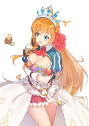 Rule 34 | 1girl, a dream, absurdres, ahoge, aqua eyes, blush, breasts, cleavage, commentary, eyelashes, gloves, hair ornament, hair ribbon, highres, holding, large breasts, long hair, open mouth, orange hair, pecorine (princess connect!), princess connect!, puffy short sleeves, puffy sleeves, red ribbon, ribbon, short sleeves, simple background, skirt, solo, tiara, tongue, very long hair, white background