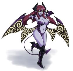 Rule 34 | 1girl, black sclera, boots, breasts, center opening, cleavage, colored sclera, colored skin, demon girl, demon horns, demon tail, demon wings, fearless night, hell princess, high heels, horns, knee boots, large breasts, long hair, low wings, nail polish, paul gq, pointy ears, purple hair, purple skin, smile, solo, tail, wings, yellow eyes