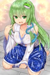 Rule 34 | 1girl, arm support, bare shoulders, barefoot, blue skirt, breasts, chiroshiron, cleavage, collarbone, commentary request, cum, cum on hair, detached sleeves, facial, frog hair ornament, green eyes, green hair, hair between eyes, hair ornament, hair tubes, hand up, highres, kochiya sanae, lens flare, long hair, long sleeves, looking at viewer, medium breasts, navel, seiza, shirt, single sidelock, sitting, skirt, snake hair ornament, solo, sparkle, touhou, very long hair, wet, wet clothes, wet shirt, wet skirt, wide sleeves