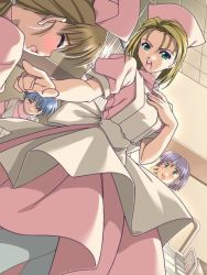 Rule 34 | 00s, 4girls, :d, :o, angry, apron, aqua eyes, bed, blonde hair, blue hair, blush, brown hair, buttons, ceiling, closed eyes, dress, dutch angle, frown, game cg, green eyes, hair ribbon, hand on own cheek, hand on own chest, hand on own face, hat, hospital, indoors, kodama hikaru, long dress, multiple girls, nurse, nurse cap, oota kazunori, open mouth, outstretched arm, pantyhose, pink dress, pointing, puffy short sleeves, puffy sleeves, purple hair, ribbon, scolding, shinjou remi, short hair, short sleeves, short twintails, sleeve cuffs, smile, solo focus, standing, tears, tiles, turtleneck, twintails, white legwear, wince, yakin byoutou