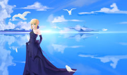 Rule 34 | 1girl, absurdres, ahoge, alternate costume, artoria pendragon (all), artoria pendragon (fate), asymmetrical clothes, bird, blonde hair, blue dress, blue ribbon, blue sky, braid, cloud, collarbone, day, dress, elbow gloves, er ci gudu, evening gown, fate/grand order, fate (series), feathers, french braid, gloves, green eyes, hair between eyes, highres, ocean, petals, ribbon, saber (fate), sky, smile, solo, water