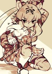 Rule 34 | 1girl, animal ear fluff, animal ears, animal print, arm behind head, arm up, elbow gloves, frilled skirt, frills, frown, full body, gloves, hair between eyes, hair ribbon, hatagaya, kemono friends, long hair, looking at viewer, muted color, necktie, on one knee, print gloves, print thighhighs, puffy short sleeves, puffy sleeves, ribbon, scabbard, serious, sheath, short sleeves, sidelocks, sketch, skirt, smilodon (kemono friends), solo, sword, tail, thighhighs, tiger ears, tiger print, tiger tail, v-shaped eyebrows, weapon