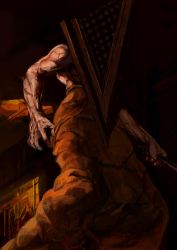 Rule 34 | 1boy, commentary request, hat, helmet, male focus, monster, muscular, pyramid head, silent hill, silent hill (movie), silent hill (series), silent hill 2, solo, topless male, weapon