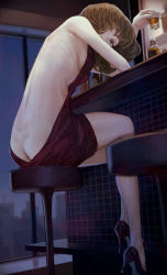 Rule 34 | 1girl, alcohol, ass, backless dress, backless outfit, bar (place), bare back, bare shoulders, blue eyes, breasts, brown hair, butt crack, cup, dimples of venus, dress, drinking glass, high heels, highres, holding, holding cup, idolmaster, idolmaster cinderella girls, indoors, kaoming, liquor, looking at viewer, looking back, medium breasts, mole, mole under eye, short hair, sideboob, sitting, skinny, solo, stool, takagaki kaede