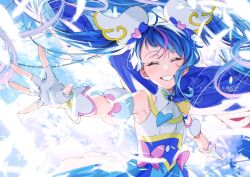 Rule 34 | 1girl, aoi tete, blue cape, blue dress, blue hair, blue sky, bow, brooch, cape, closed eyes, cloud, cloudy sky, cure sky, cut bangs, day, detached sleeves, dress, dress bow, earclip, facing viewer, feathers, fingerless gloves, gloves, gradient hair, grin, highres, hirogaru sky! precure, jewelry, long hair, magical girl, multicolored hair, outdoors, pink bow, pink hair, precure, puffy detached sleeves, puffy sleeves, reaching, reaching towards viewer, red cape, signature, single sidelock, sky, sleeveless, sleeveless dress, smile, solo, sora harewataru, standing, streaked hair, translated, twintails, two-sided cape, two-sided fabric, two-tone dress, two-tone hair, very long hair, white dress, white gloves, wind, wing brooch, wing hair ornament