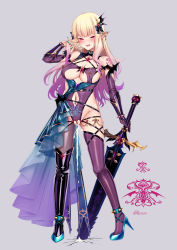 Rule 34 | 1girl, arm at side, asymmetrical legwear, blonde hair, bow, breasts, cleavage, clitoris piercing, clothing cutout, collar, corruption, cum, dark persona, dress, ear piercing, gradient hair, grey background, hair bow, hair ornament, hand up, high heels, highres, holding, holding sword, holding weapon, large breasts, licking lips, long hair, looking at viewer, mismatched legwear, multicolored hair, navel, navel piercing, nipple piercing, piercing, pointy ears, princess connect!, puririn, purple hair, pussy juice, pussy piercing, red eyes, revealing clothes, saren (princess connect!), simple background, solo, standing, sword, thighhighs, tongue, tongue out, twitter username, weapon