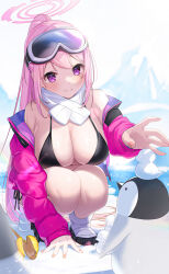 Rule 34 | 1girl, bare shoulders, bikini, bird, black bikini, blue archive, blush, breasts, closed mouth, eimi (blue archive), eimi (swimsuit) (blue archive), goggles, goggles on head, halo, highres, jacket, large breasts, long hair, long sleeves, official alternate costume, open clothes, open jacket, outdoors, penguin, pink hair, pink halo, pink jacket, ponytail, purple eyes, sarukichi, scarf, ski goggles, smile, solo, squatting, swimsuit, white footwear, white scarf