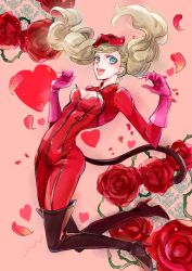 Rule 34 | 10s, 1girl, absurdres, blonde hair, blue eyes, bodysuit, boots, breasts, cleavage cutout, clothing cutout, flower, full body, gloves, high heel boots, high heels, highres, ilohasvio, long hair, looking at viewer, mask, persona, persona 5, petals, red flower, red rose, rose, smile, solo, takamaki anne, thigh boots, thighhighs, twintails
