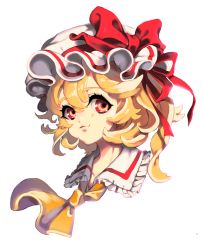 Rule 34 | 1girl, ascot, bad id, bad pixiv id, blonde hair, bow, cheong ha, flandre scarlet, frilled shirt collar, frills, hat, hat bow, mob cap, portrait, red bow, red eyes, side ponytail, simple background, smile, solo, touhou, white background